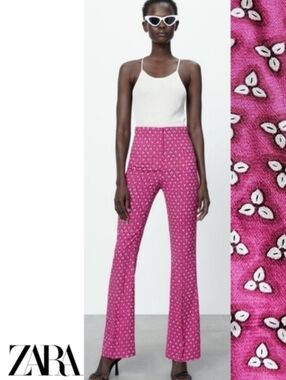Zara Flared Print Pants -Pink & White - Lightweight -Size Small - Spring/Summer